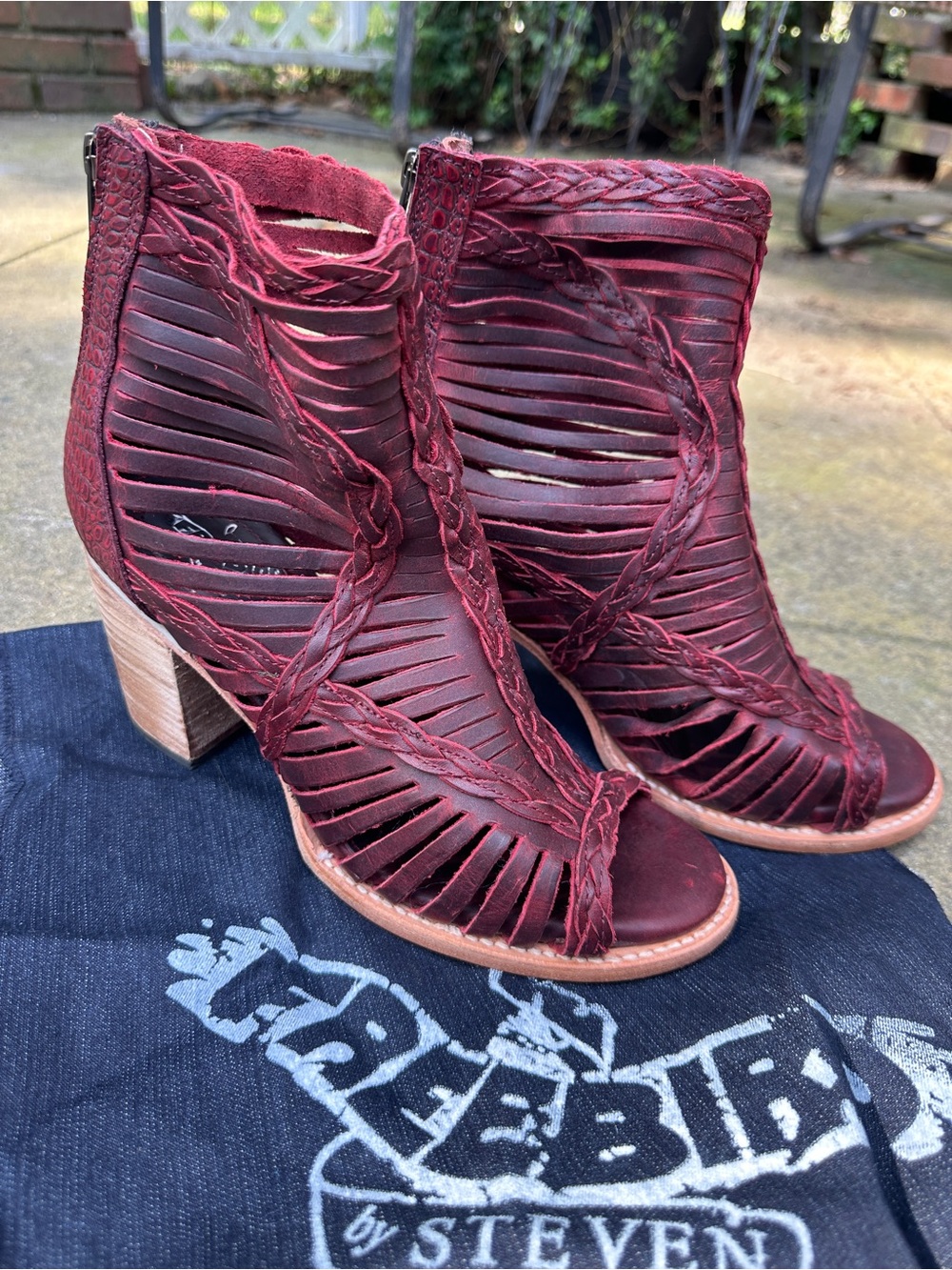 Freebird by Steven Bela Wine Red Burgundy Braided Cutout Heeled Sandal Booties